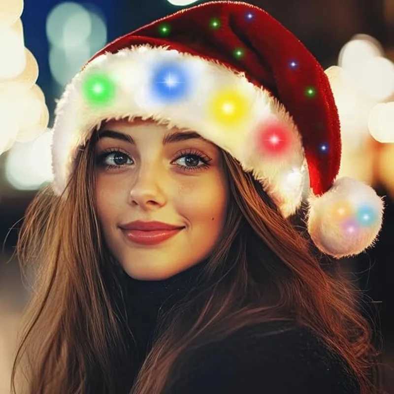 LED Light Christmas Hat Colorful Plush Trim Cap Glowing Xmas Hat for Kids Adults Christmas Party Birthday New Year Decor Y251115