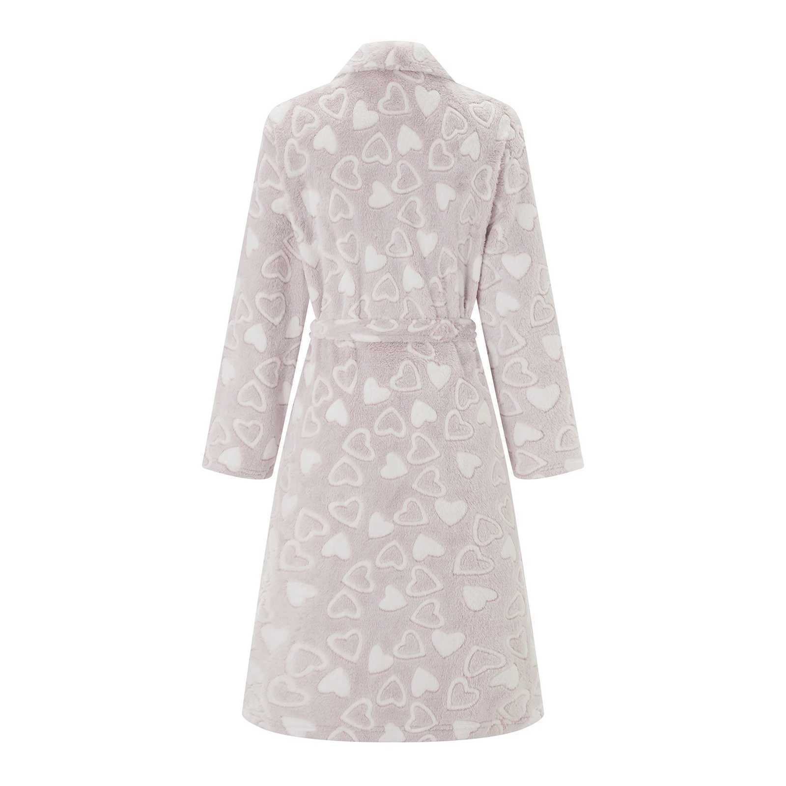 2025 New Fashion Womens Thick Flannel Bathrobe Heart Print Long Sleeve Fuzzy Plush Shawl Collar Bath Robe with Belt C251115
