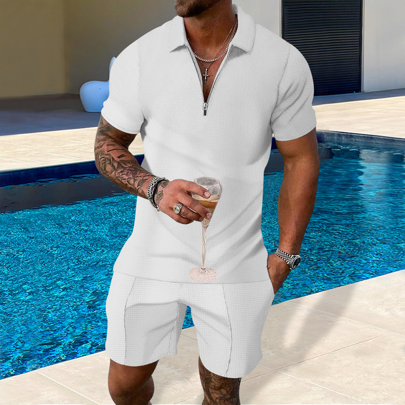 Summer suit light and casual solid color waffle lapel polo shirt men's half zip set