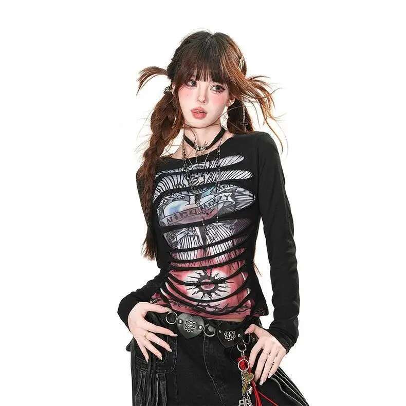 American Retro Street Non-mainstream Double-layer Three-dimensional Ripped Hole Decoration Hot Girl T-shirt Women Slim Waist Top