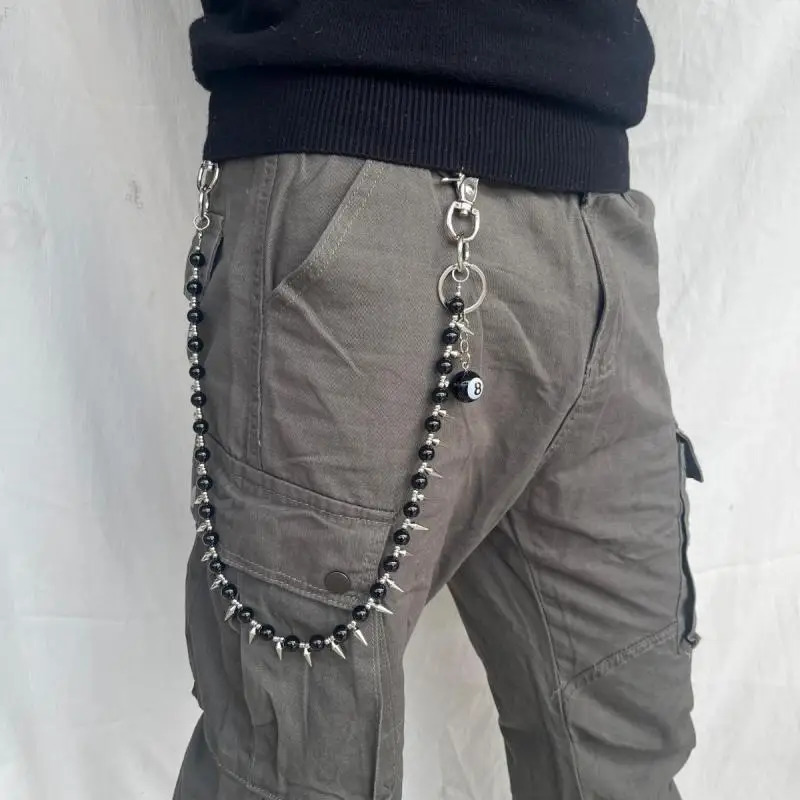 Original handmade denim pants chain exquisite high-end ultra bright black agate stone punk style keychain pendant 250414