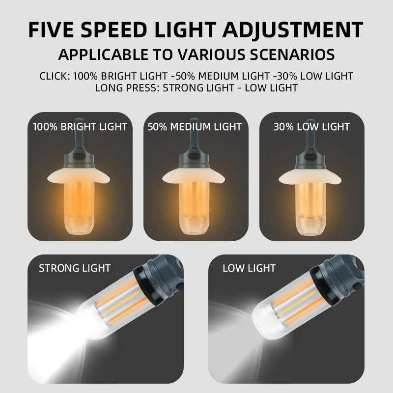 LED Rechargeable Flashlight Camping Lantern 5 Modes Super Bright Portable Hanging Tent Lamp Waterproof Hiking Fishing Outdoor M251115