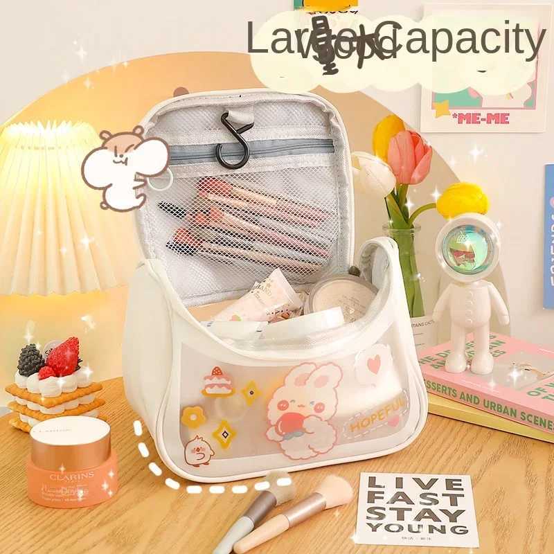 Large capacity womens makeup bag waterproof travel W makeup bag girl DIY sticker Kaii beauty organizerXJ250415