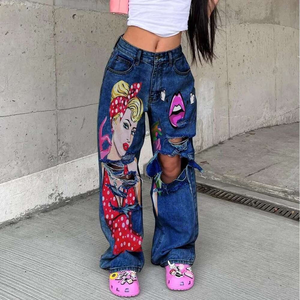 Vintage Washing High-Waisted Wide-Leg Jeans Women's Fashionable 2023 New Printed Hollow Straight-Leg Trousers