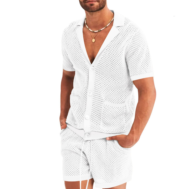 2025 New Short sleeved Shorts Men with Hole Fabric Casual Collar Thin Style Set for Men's Summer