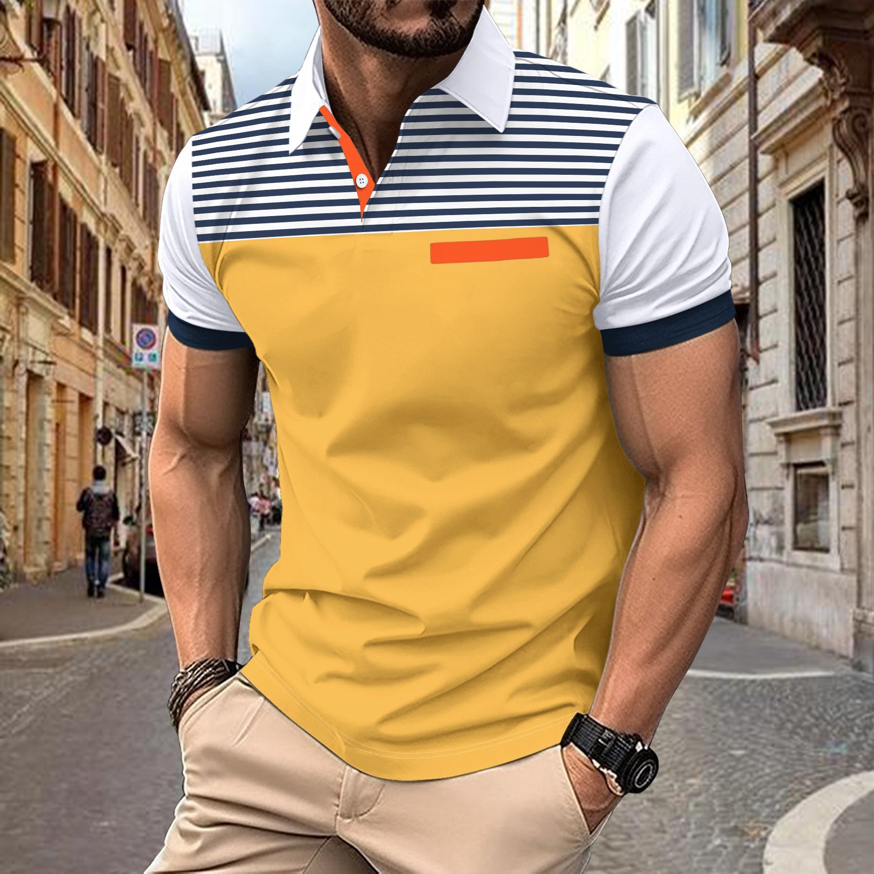 Summer new mens polo shirt casual breathable striped printed short sleeved polo shirt