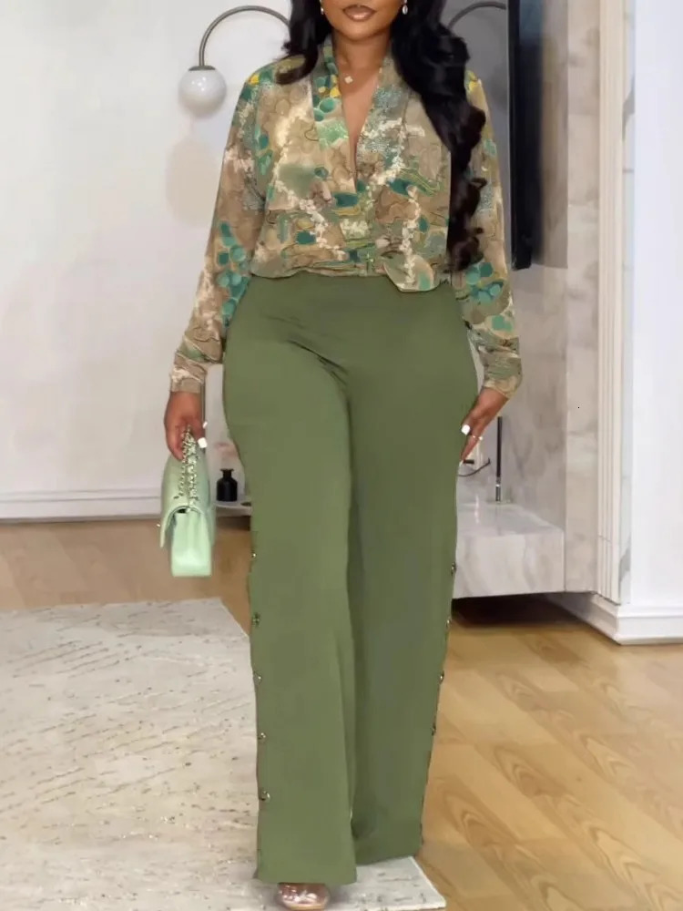 2 Pieces Set Sexy Plus Size Spring Autumn Fashion Women Set Female Tops Long Sleeve Shirt Tops And Pants Suit Matching Outfit 250410