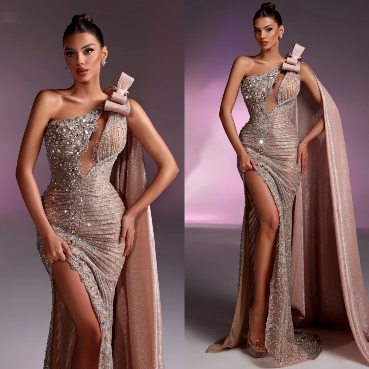 Fashion Evening Dresses One Shoulder Crystal Prom Gowns Sequins Pearls Side Split Customized Formal Occasion Plus Size Sweep Train Party Dress Vestido