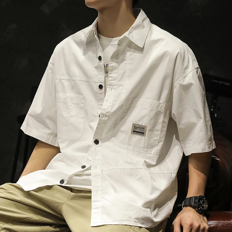 American mens casual short sleeved summer fashionable comfortable Tshirt 2025 street plain collared shirt 250411