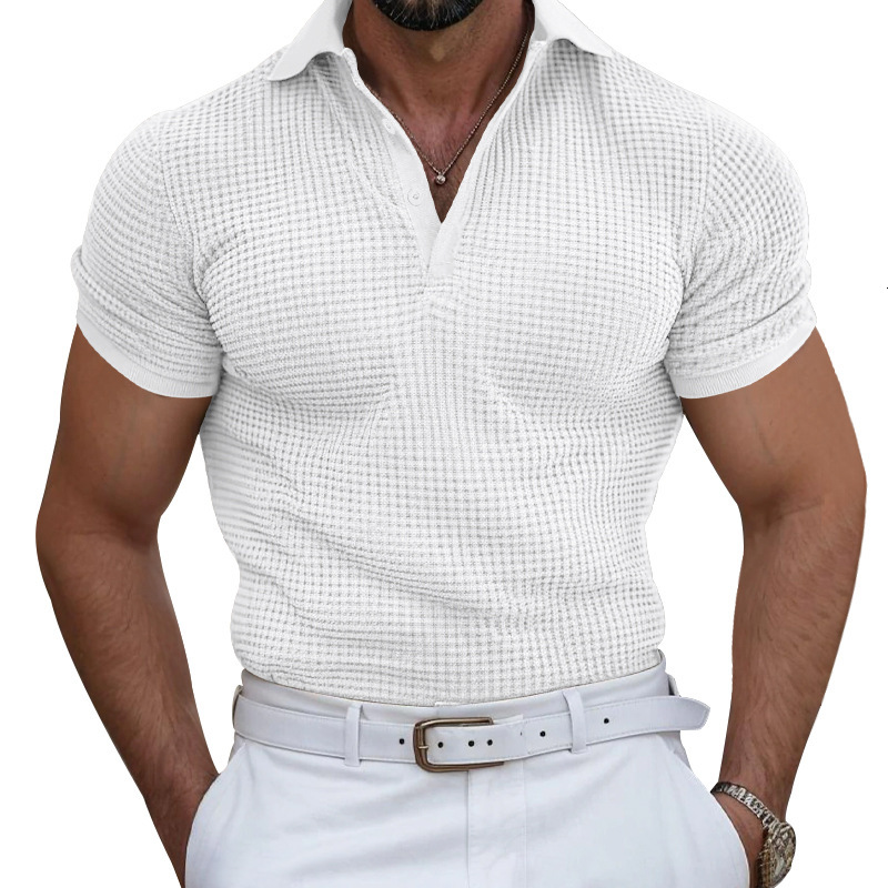 Ins high-end waffle polo men's t-shirt shirt collar summer solid color new short sleeved