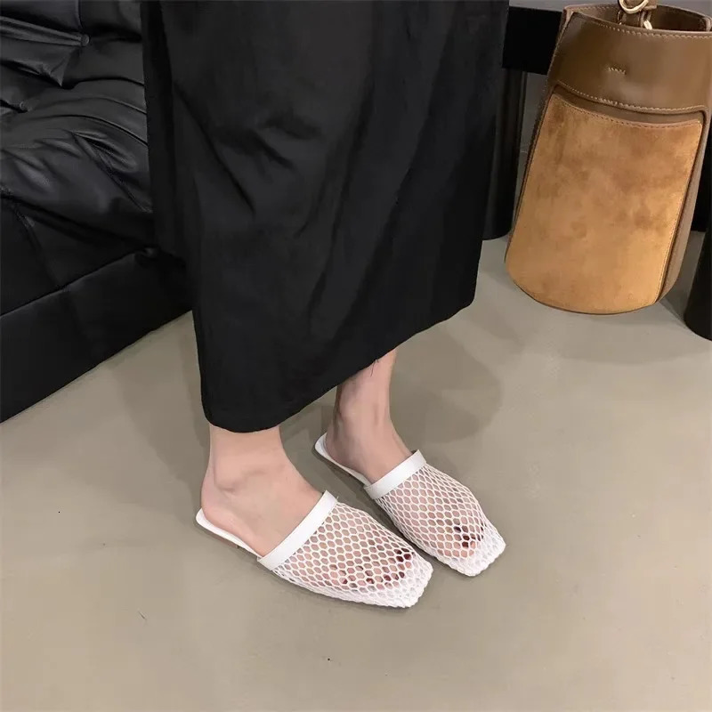 Womens Slippers Flat Sole Large Mesh Upper Square Toe Womens Mules Dress Daily Commute Roman Cover Toe Zapatillas De Mujer 250411