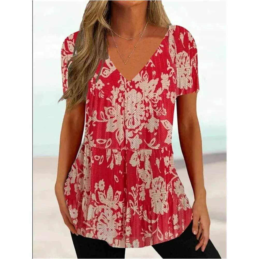 New Women's T Shirt Relaxed Ladies Clothes Blouse V-neck Fashion Short Sleeve Tees Female Oversized Sweatshirt Loose Pullover