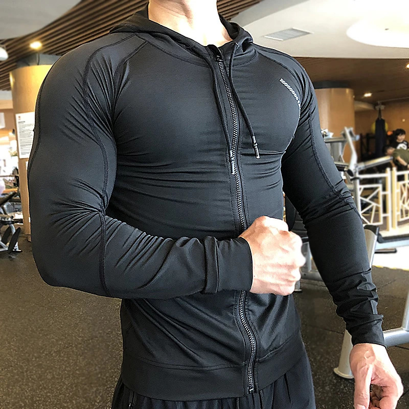 Compression Elastic Hoodies Men Sports Coats Running Fitness Hooded Gym Training Sportswear with Zipper Bodybuilding Sweatshirts 250414