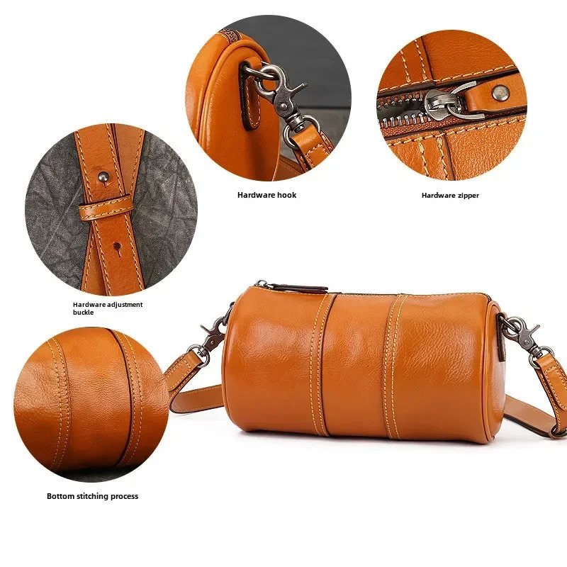 Shoulder bag cylindrical womens bag cow leather cross body large capacity retro ethnic style column bag 250410
