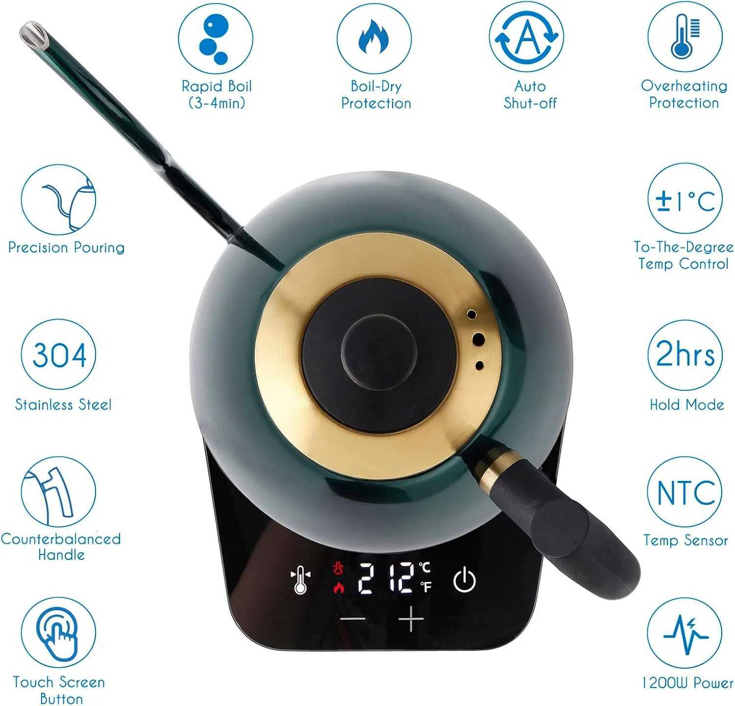 Easyworkz US-grade plug temperature-controlled quick-heating electric gooseneck coffee pot stainless steel hand-drip teapot Y251114