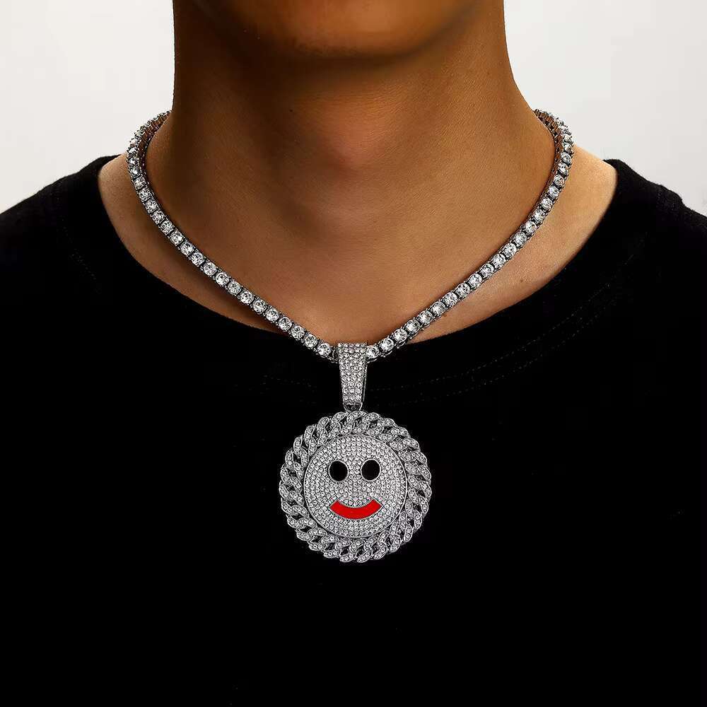 DHcollection Men's Hip Hop Alloy Tennis Chain Necklace and Full Bg CZ Smile Pendant Choker