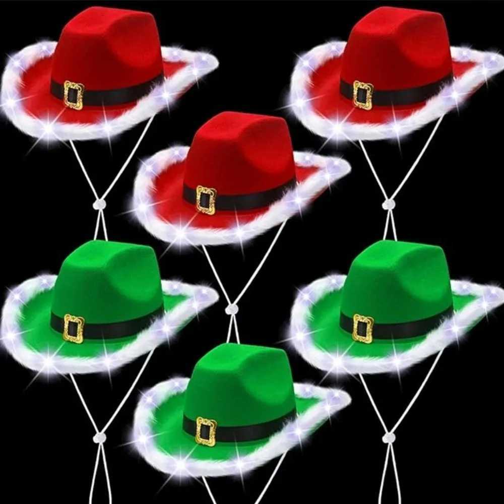 Fashion Santa Claus Party Christmas Luminous Cowboy Hat Western Red Felt Hats Wide Brim Cowgirl Hat Jazz Hat for Women Men Y251115