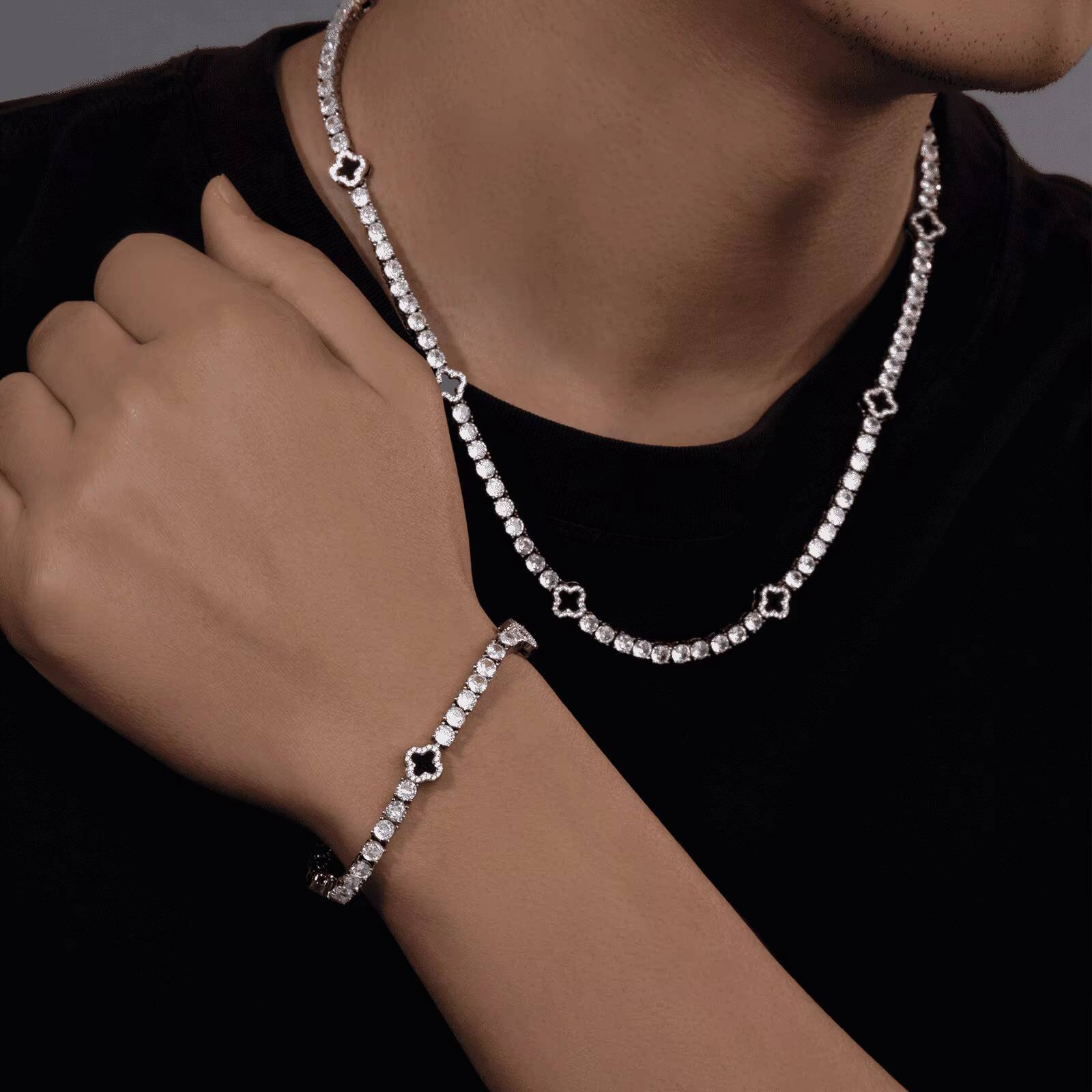 Men Women Charm Lucky 4mm Clover Tennis Chains Bracelets Necklace Fashion Jewelry Four Leaf Black Clover Jewelry