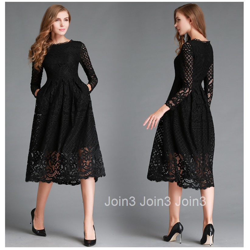 2025 Autumn New Womens Dress Round Neck Hollow Out Simple Lace Long Sleeved Slim Fit Mid Length Skirt