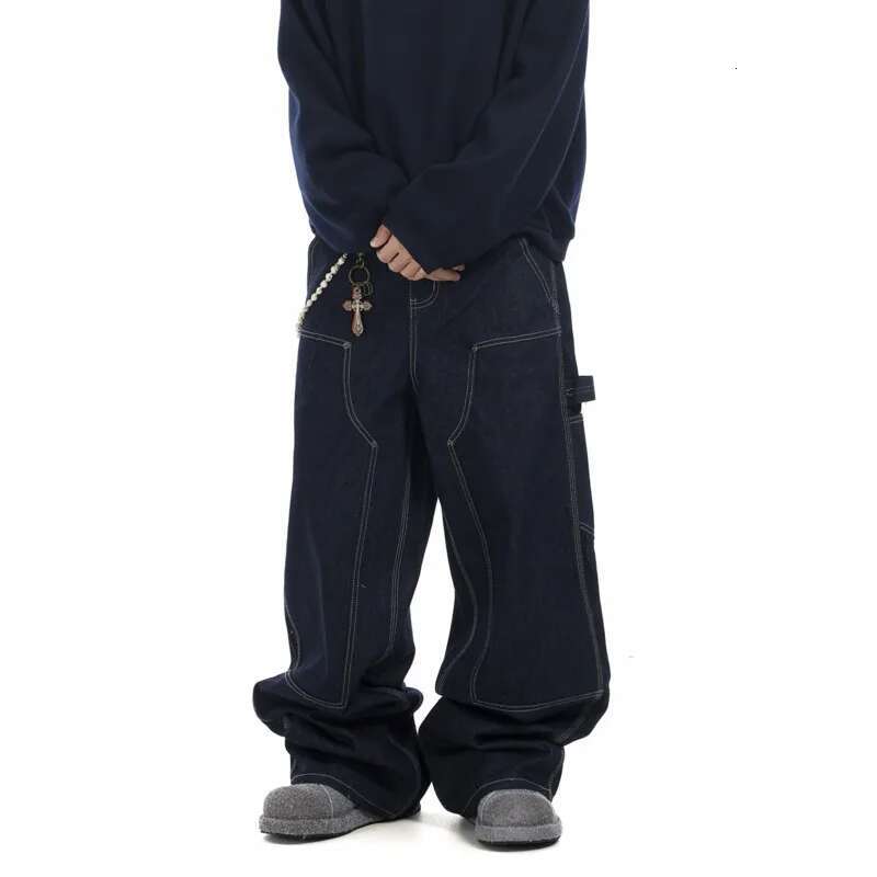 Niche Hip-Hop Dark Blue Denim Silhouette Baggy Jeans American Loose Wide-Legged Traig Pants Men's Trousers Tide 28W5905