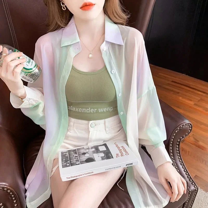 Turn-down Neck Long Sleeved Shirt And Blouses Gradient Rainbow Color See-through Thin Women Clothing Loose Top Shirt Casual 250415