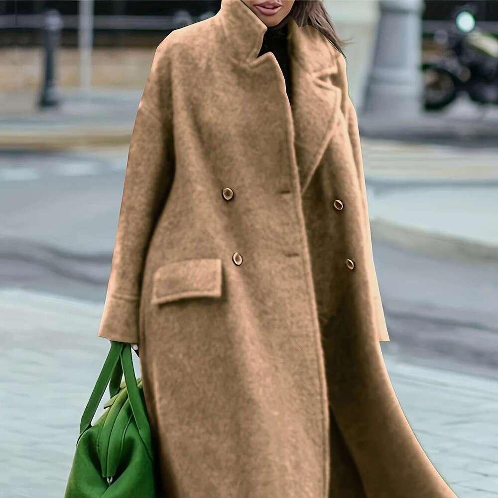 Autumn And Winter Long Solid Color Temperament Commuter Belt-Less Lapel Loose Tweed Green Coat