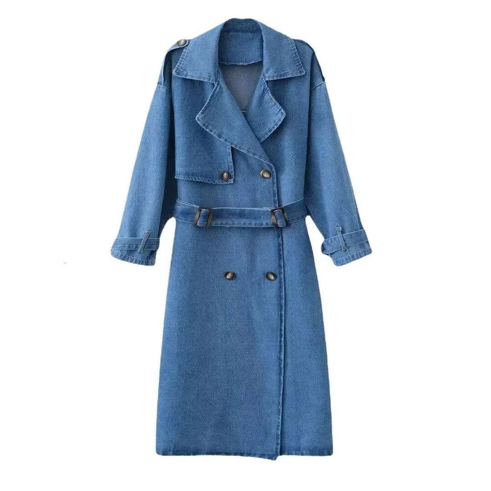 Europe And The United States Autumn New Fashion Street Personality Double Breasted Lapel Casual Long Denim Coat With Belt Women