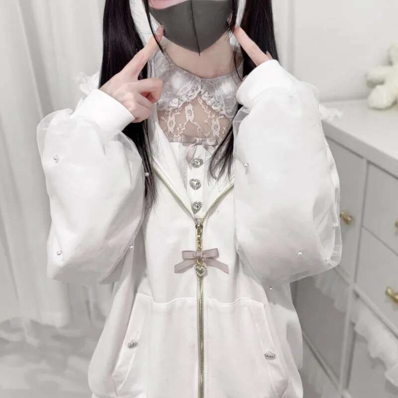 Bunny Hoodies Y2k Rabbit Ear Hoodie Lolita Jacket Bow Girls Pearl JK Japan Lace Kawaii Zipper Cardigan Long Sleeved Top