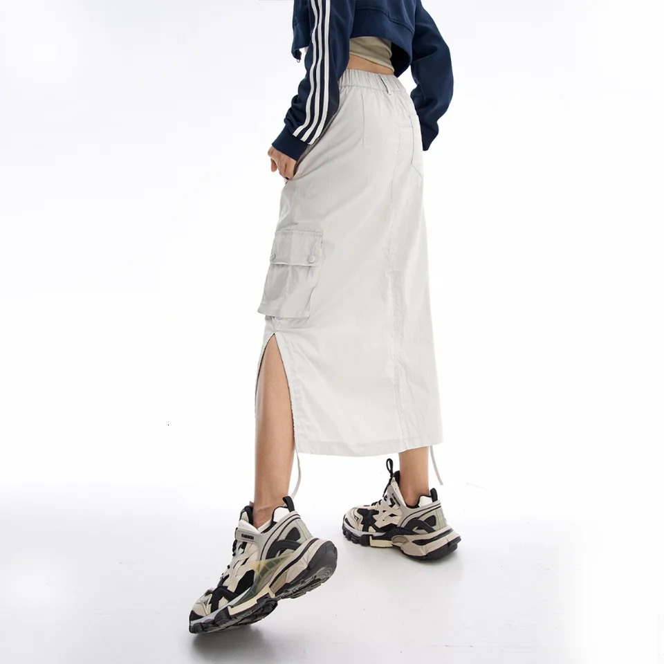 Y2k Cargo Midi Skirts Women Retro Streetwear Pocket High Waist Side Split Shirring Straight Long Skirt 250409