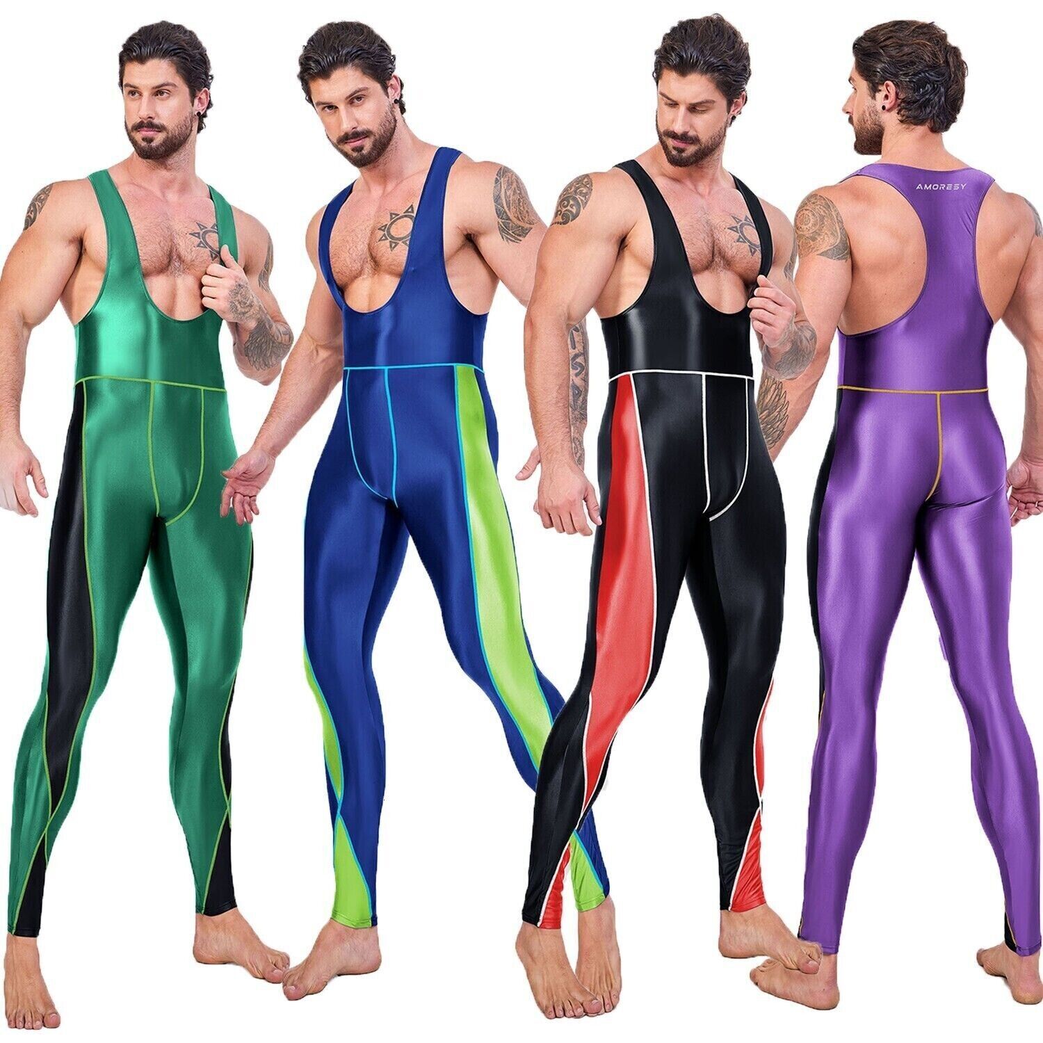 Men's Tracksuits AMORESY Jumpsuits Shiny Cycg Sports Tights Overalls Suits