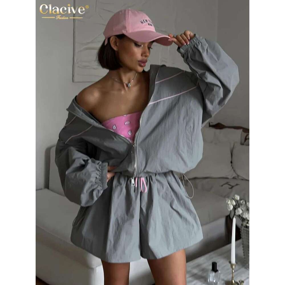 Clacive Fashion Loose Gray 2 Piece Sets Women Outfit 2024 Elegant Long Sleeve Shirt With High Waist Shorts Set Female Streetwear