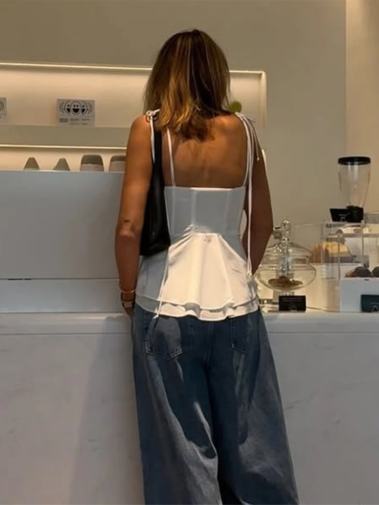 White shoulder strap Camisole womens sexy sleeveless pleated slim bra solid color streetwear Y2k womens top Camisole streetwear 250415