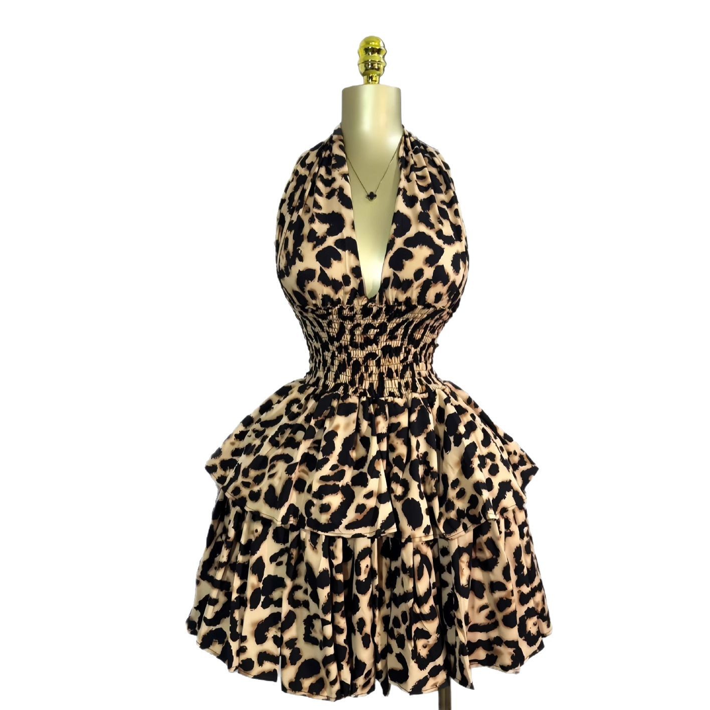 L42Chic Early Summer Puff Sleeveless Halter Dress - Leopard Print with Pleated Belted Midi Length