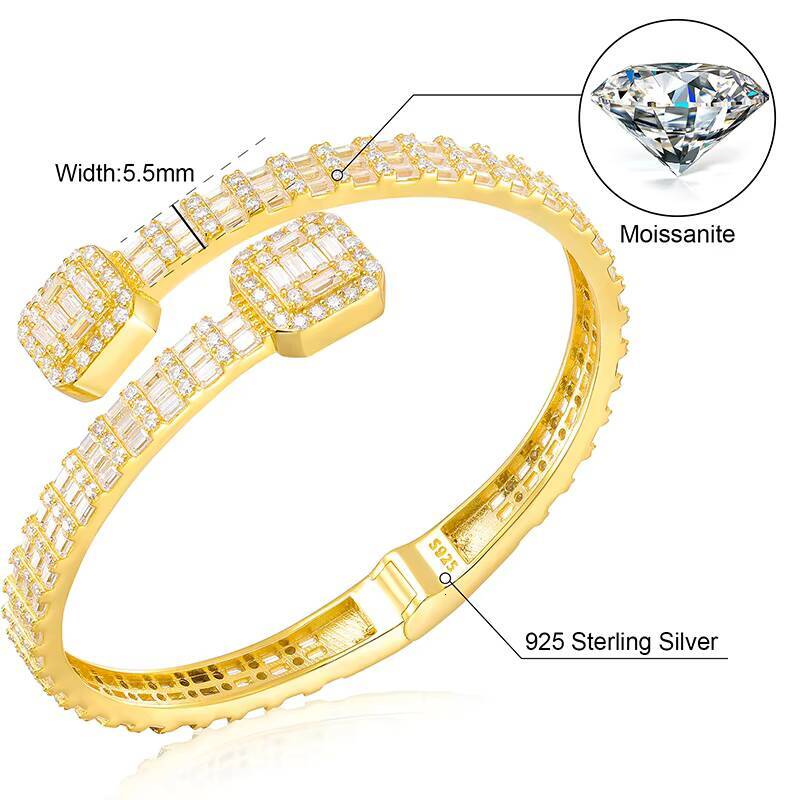 Drop Shipping Hip Hop Jewelry Gold Plated 925 Sterling Silver VVS Baguette Diamond Iced Out Love Cuff Bangle Bracelet for Women