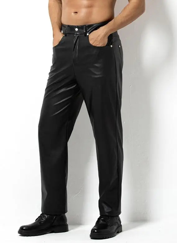 Arjen Kroos faux leather disco mens long leg casual mens pants 250410