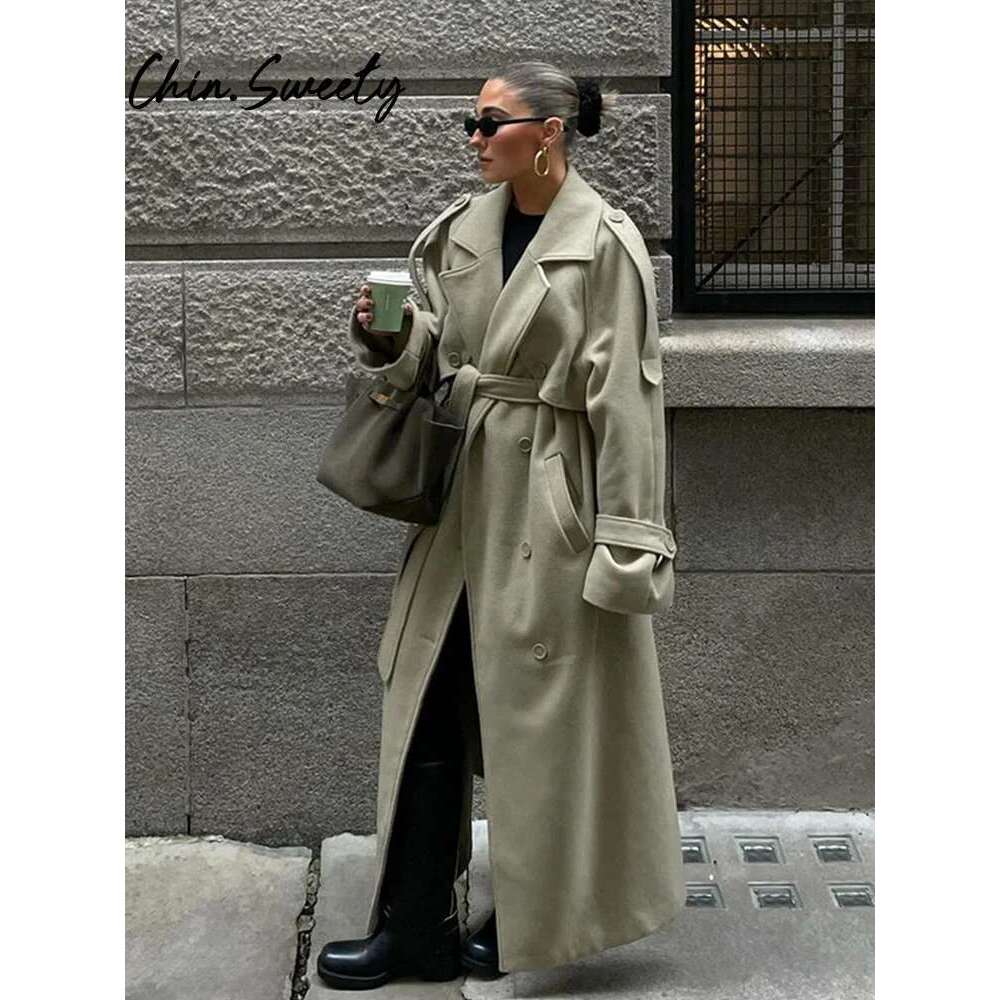 Designer Clothes Urban Solid Long Women Coat Casual Full Sleeve Belt Double Breasted Female Jacket 2024 Autumn Winter Lose Lady