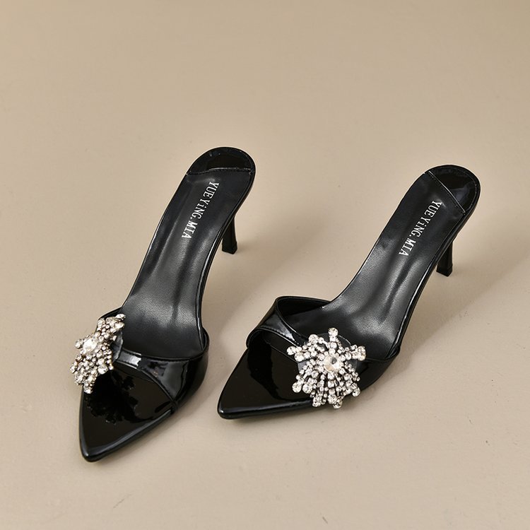 Free shipping women's summer 2025 new fashion foreign trade large size pointed thin high heels slippers women wear a line diamond sandals