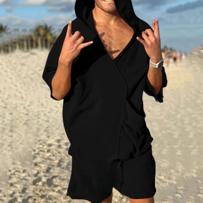 Summer mens V-neck fashionable casual short sleeved hooded loose solid color breathable shorts beach set
