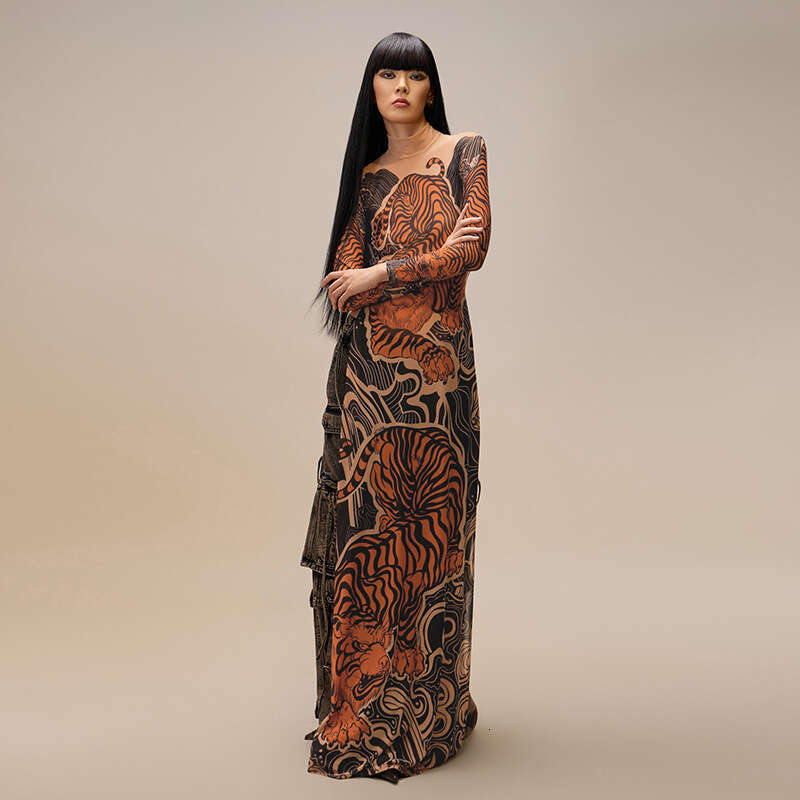 Women's Wear Spring New Women's Personalized Street Fashion Printed Mesh Half Collar High Fork Long Top