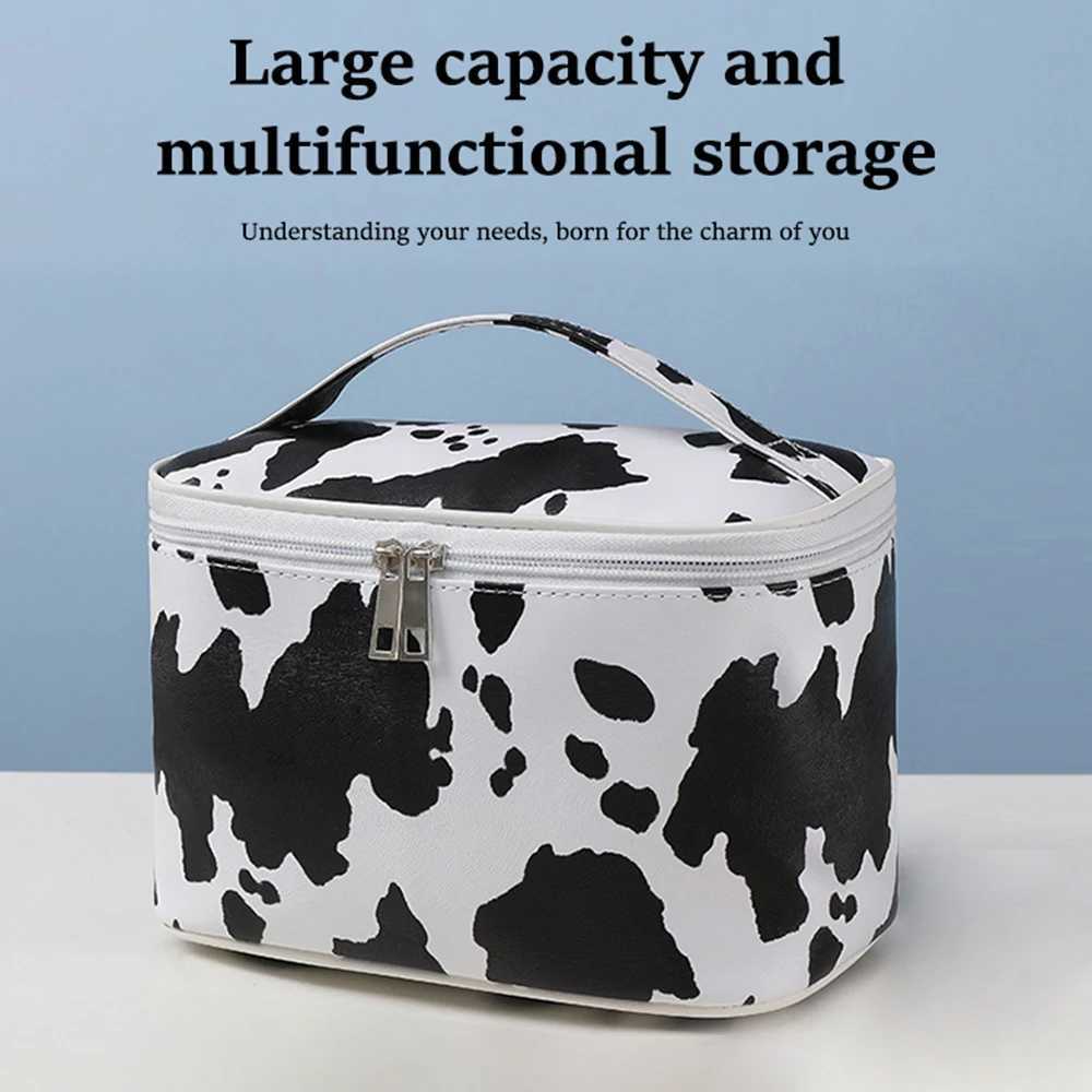 Cow Print Waterproof Makeup Bag - Womens Travel Toilet Organizer with Handle Cow Pattern Makeup Storage BagXJ250415
