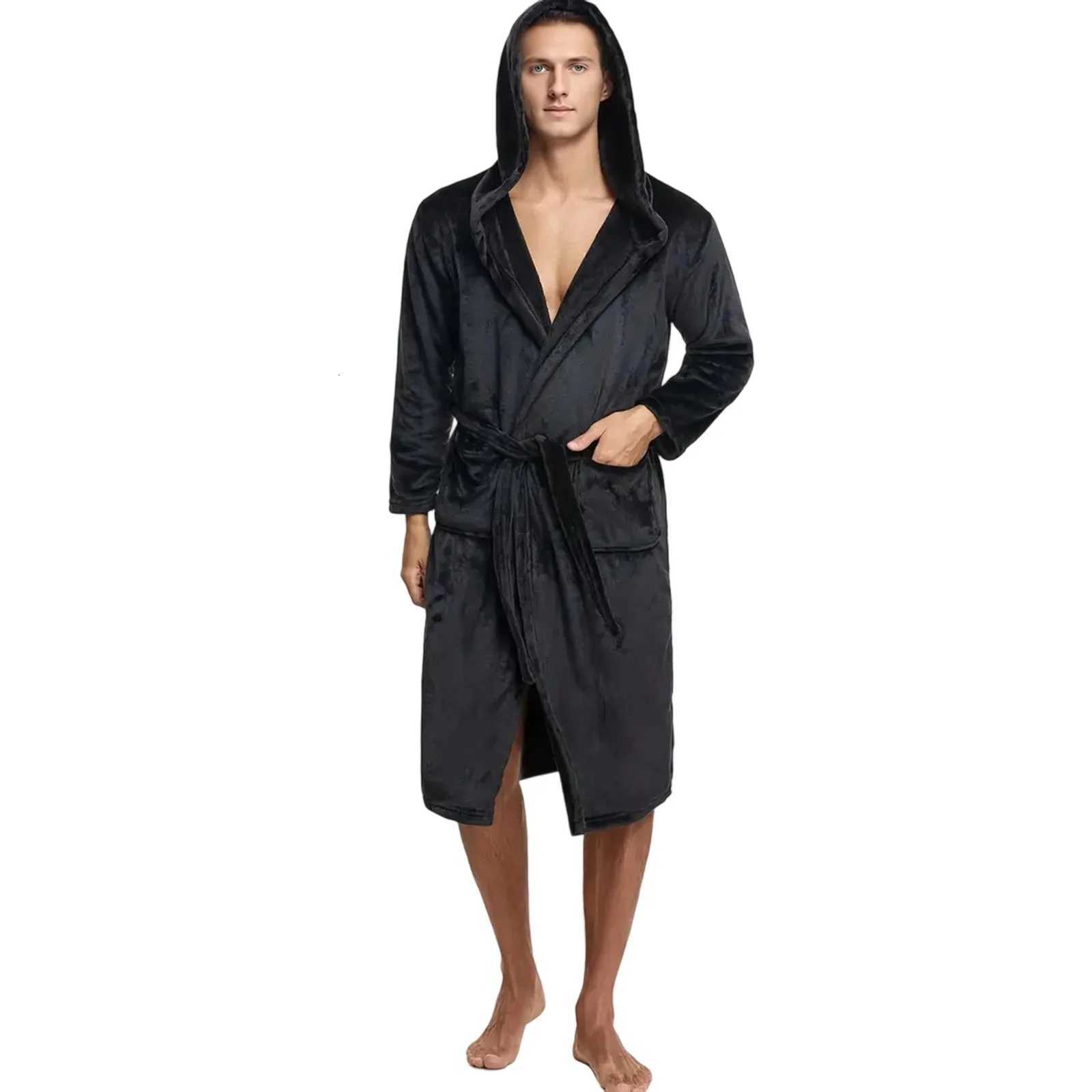 Mens Plush Fleece Hooded Robe Soft Warm Long Bathrobe with Pockets Cozy Spa Shower Robe C251115