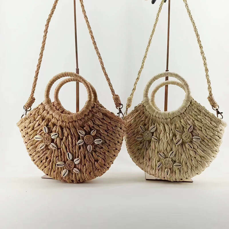 Handmade Beach Bag 2025 New Shoulder Straw Handheld Half Round Shell Handmade Woven For Women's Vacation Beach Bag Kq2