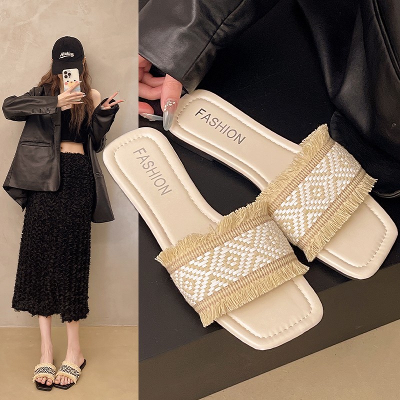 Free shipping Fashion Flat Fringe slipper Women 2025 Summer New Square Head Large Size 42 Low Heel Casual slippers