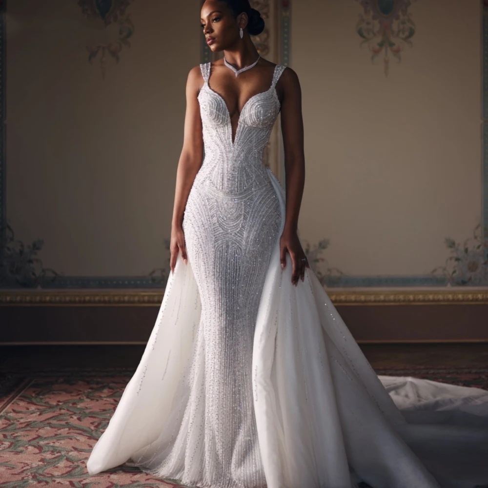 Vintage Mermaid Wedding Dress Sweetheart Neck Sleeveless Bridal Gowns Sequins Lace Detachable Train Dresses Custom Made vestidos de novia
