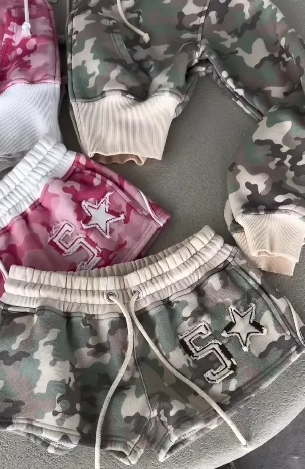 Women Fashion Breast Wrap Top Shorts 2 Piece Set Harajuku Camouflage Tracksuit Suit Sexy Slim Sport Cropping Strapless Vest 250414