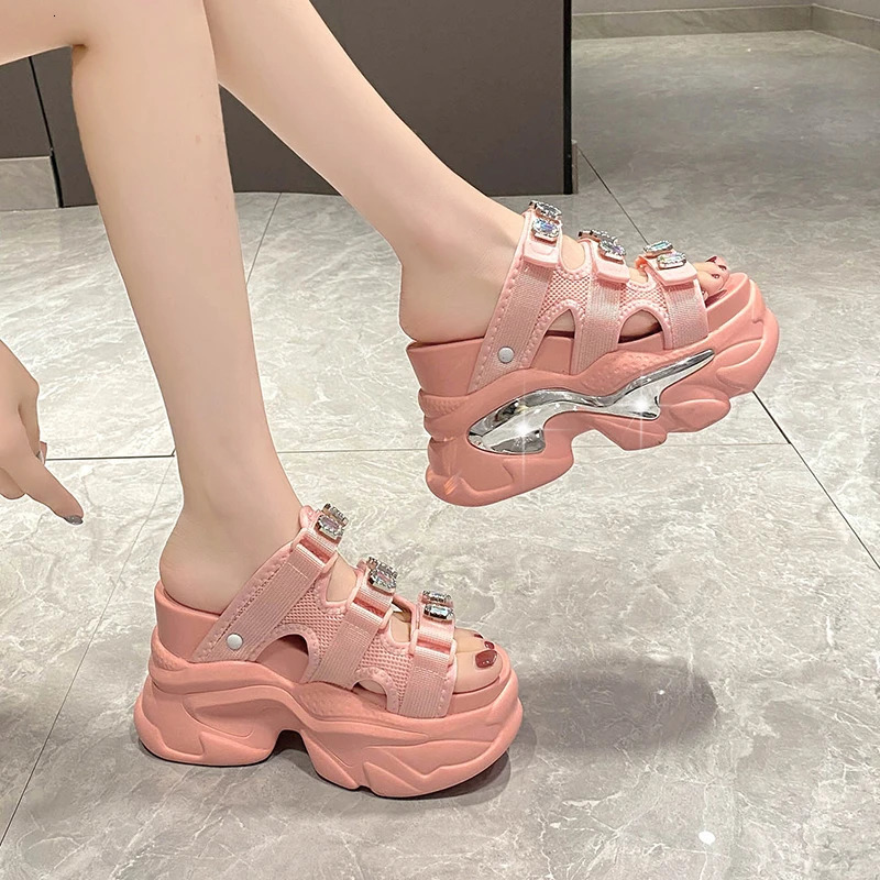 Summer breathable mesh slippers for womens outdoor short and chubby sandals wedge platform pearl shoes for womens beach flip 10.5CM 250408