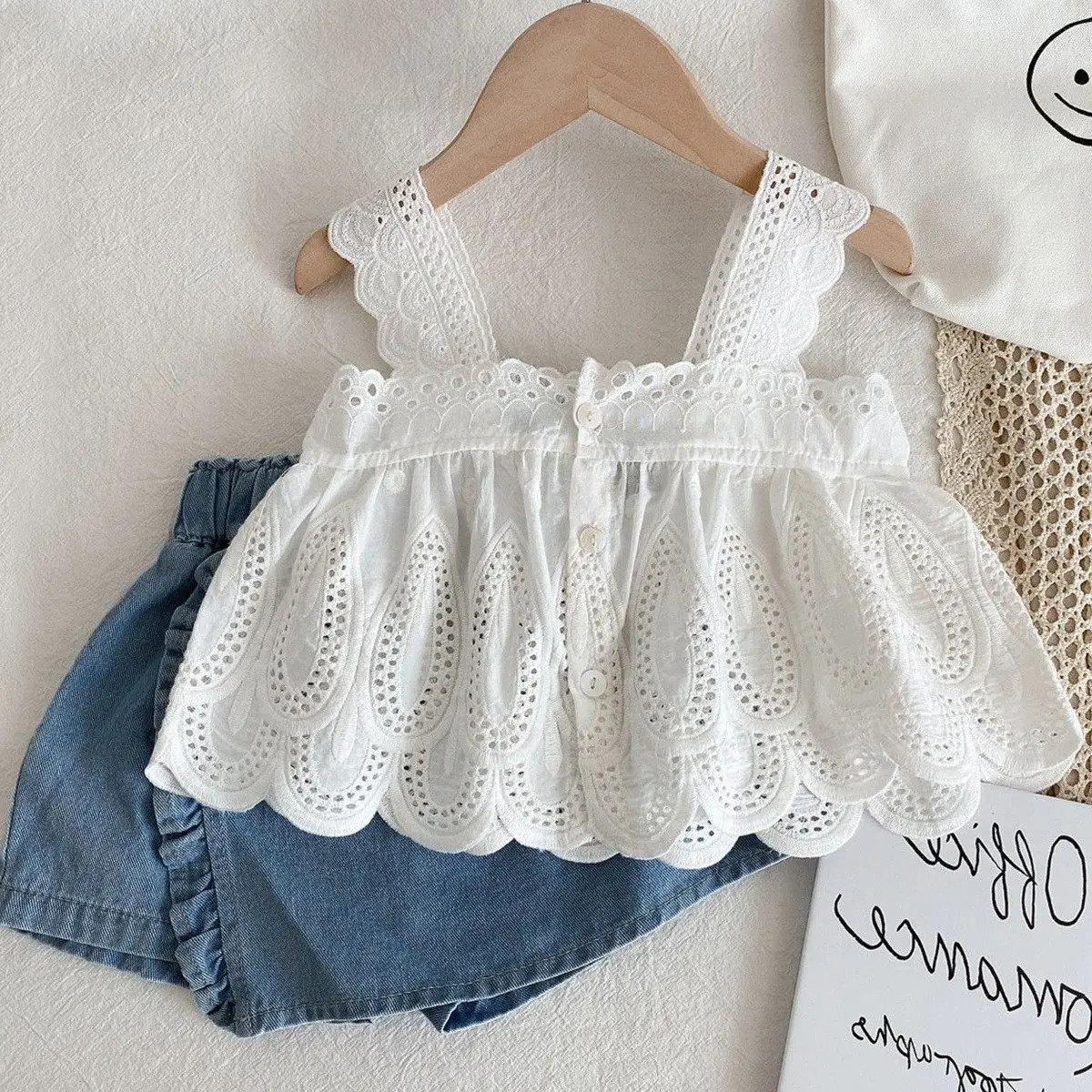 Summer Baby Girls Clothes 1-7 Years Thin Cotton Strap Top Lace Skirt Shorts 2 Pieces Suit Children Girl Clothing Set 250415