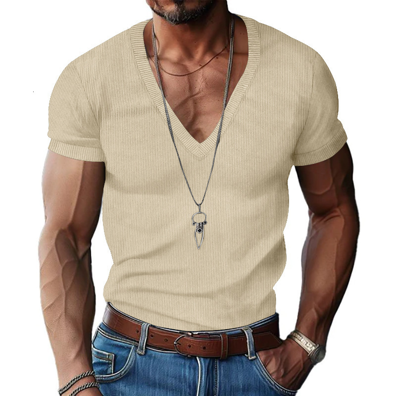 Men's corduroy short sleeved summer V-neck solid color slim fit casual T-shirt men's top