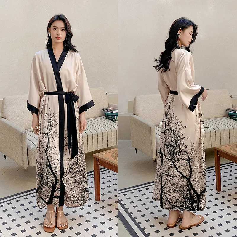 Womens Kimono Sexy Silk Pajamas Robe Bath Gown Nightgown Summer Casual Home Dress Flower Printed Sleepwear Nightwear Bathrobe C251115