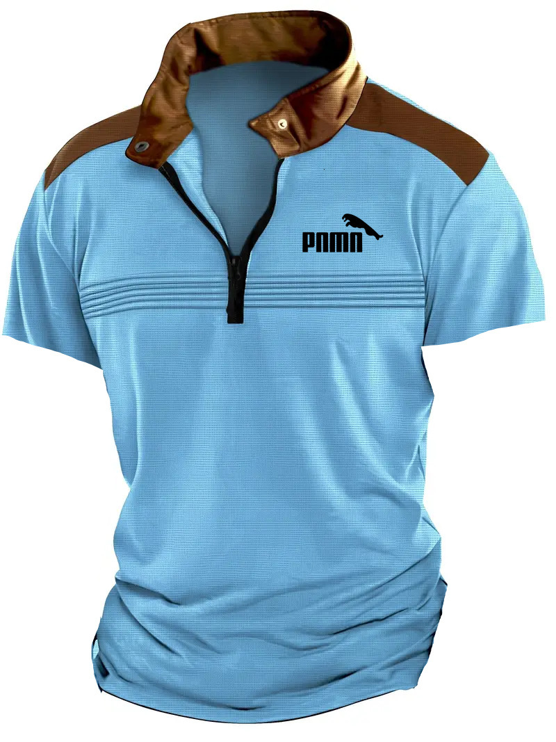 Summer Mens Polo Zipper Short Sleeve Fashion Splicing Chest Wrinkle Breathable Polo Shirt